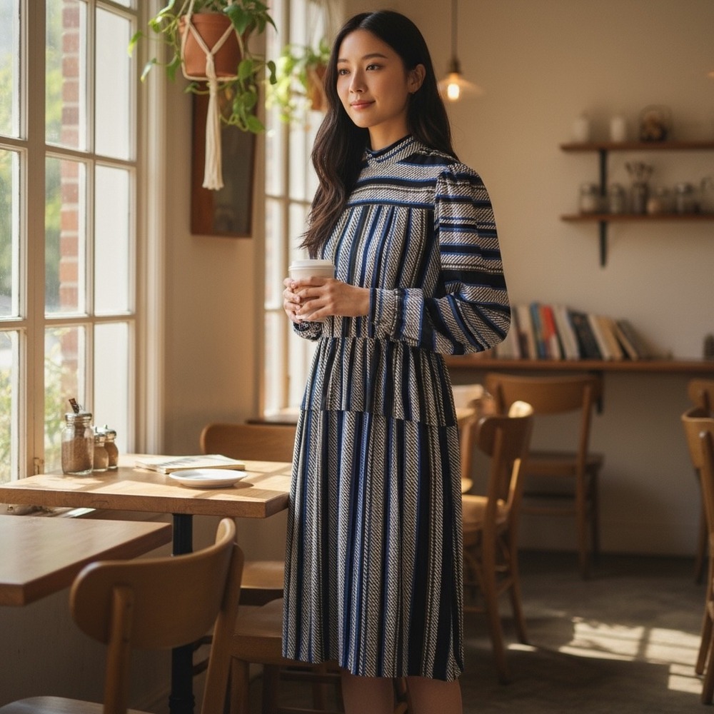 Mollie Parnis Studio Vintage 80s Stripe Houndstooth Midi Dress Blue Black 12
